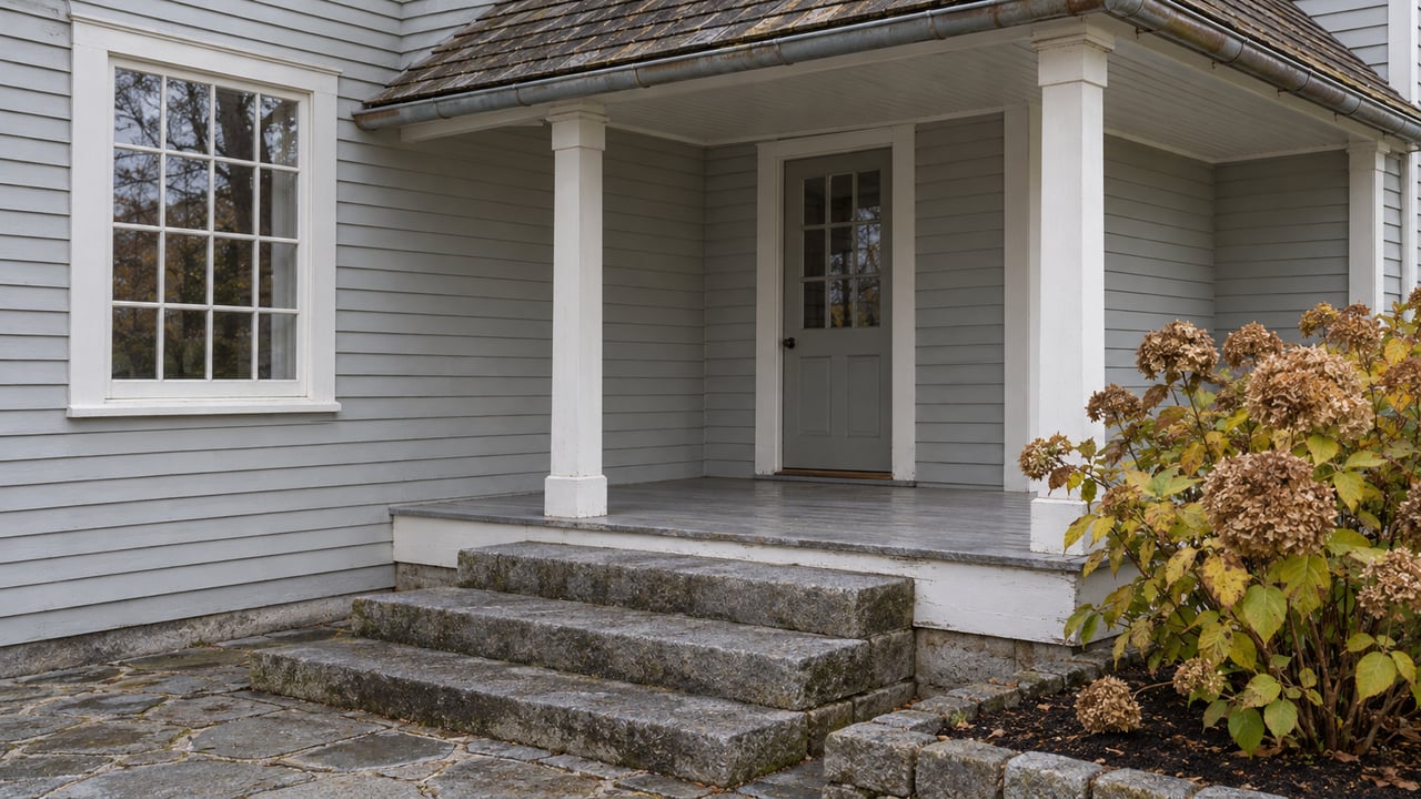 Gray clapboard home with a covered wood porch, divided-pane glazing, granite steps and dried autumn hydrangea flowers.