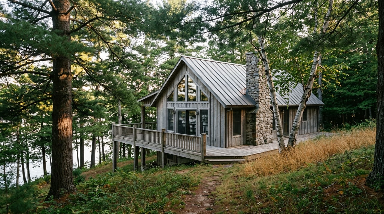 Weathered timber cabin with wraparound deck, fieldstone chimney, and pine and birch trees on a sloping lakeside lot.