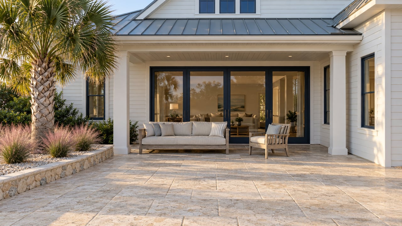 Sunlit limestone terrace beside a pale-sided home, with outdoor seating, navy-framed glass doors and a specimen palm.
