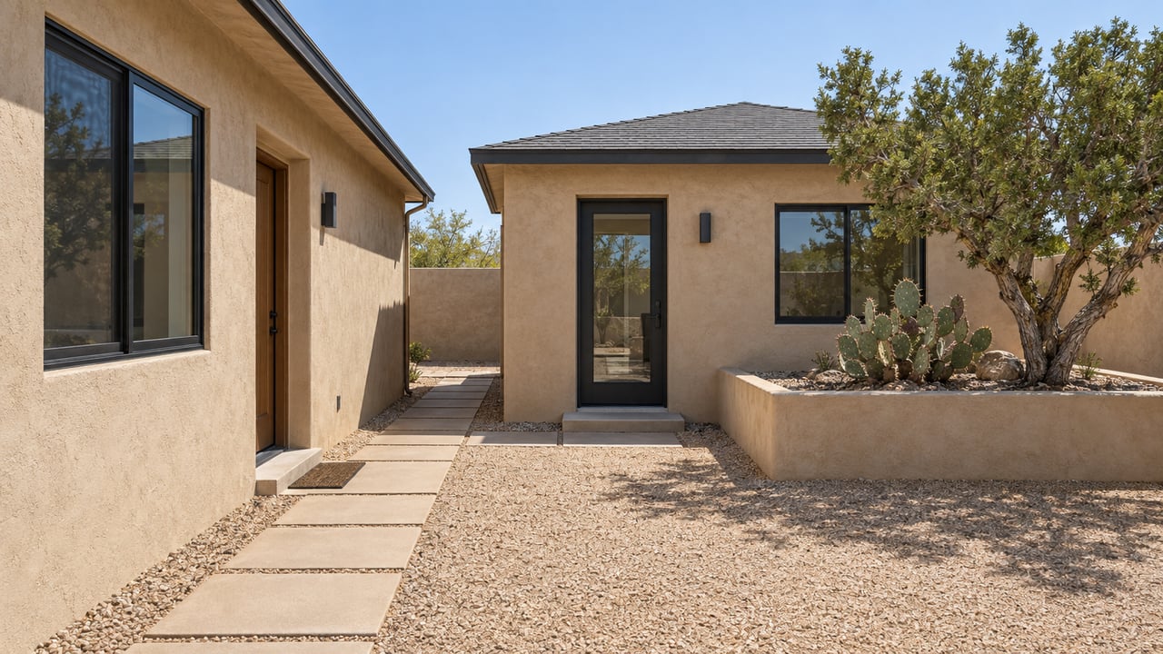 Tan-stucco home and casita flank a paver courtyard with a juniper casting a short shadow.