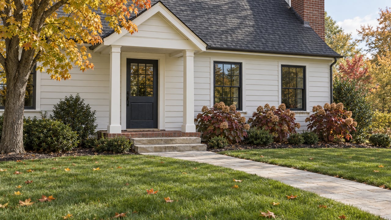 A white-sided gabled home with black grid windows, a brick chimney, limestone entry steps, and an autumn lawn with oakleaf hydrangeas and a sugar maple.