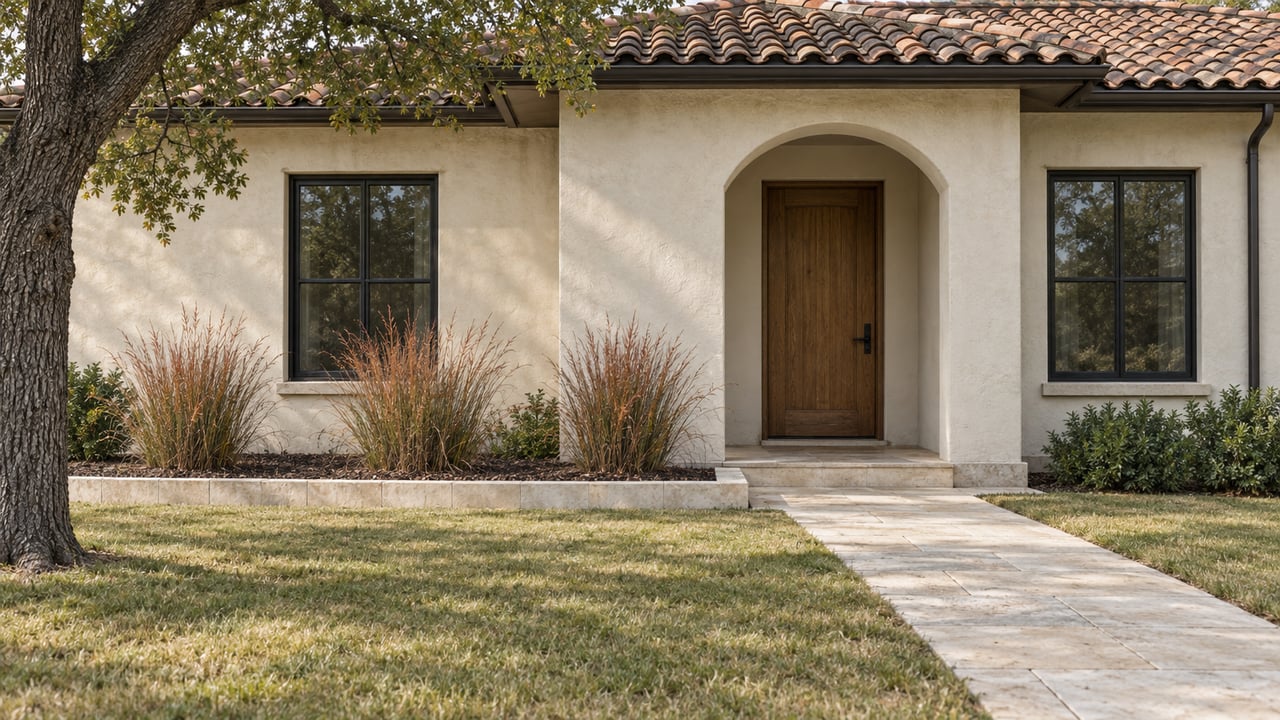 Ivory stucco home with terracotta roof, a recessed oak entrance, limestone walk, and autumn lawn beside a post oak.