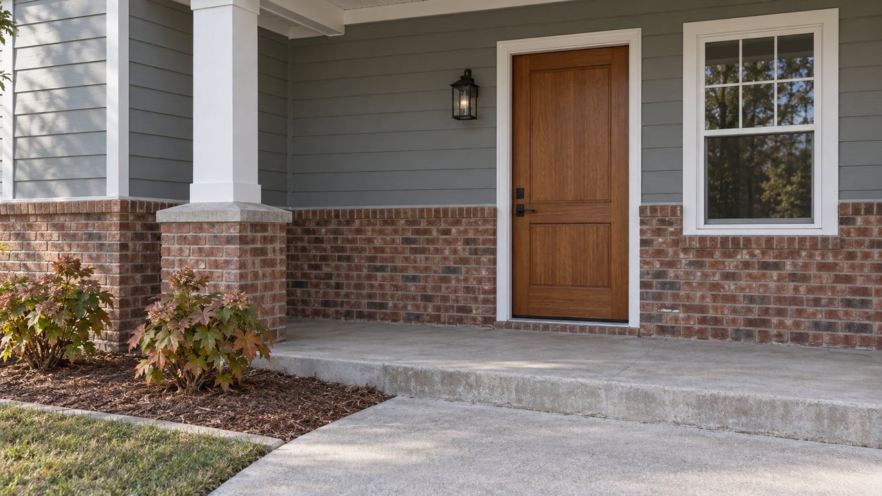 Covered entry with a warm wood door, red-brown brick, gray siding and a concrete approach beside oakleaf hydrangeas.