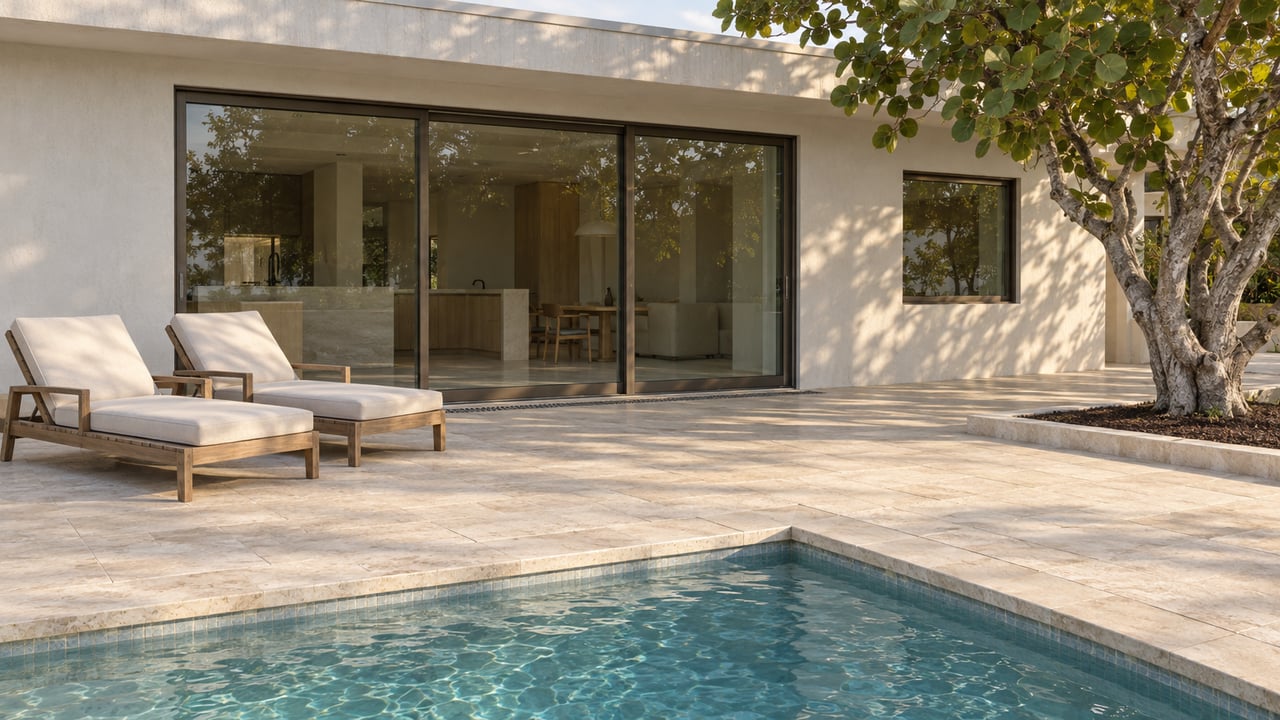 Pale stucco home opening onto a limestone pool terrace with teak lounge chairs and a sculptural sea grape tree.
