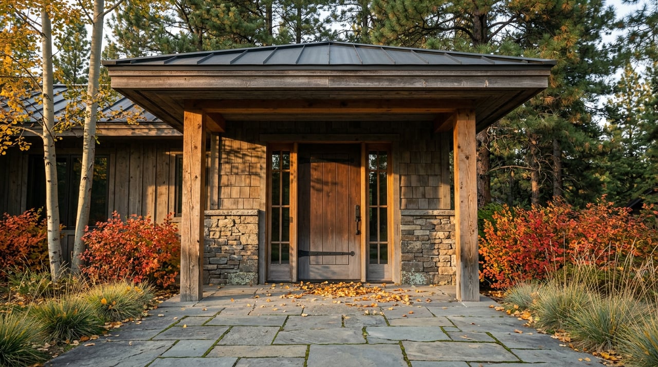 Mountain home entry with a dark fir door, stone walls, golden aspens, and fallen leaves on bluestone steps.