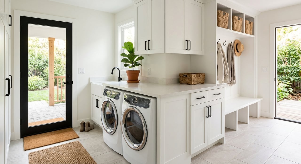 White shaker cabinets frame a washer and dryer beside a bench with black hooks and a glass patio door.