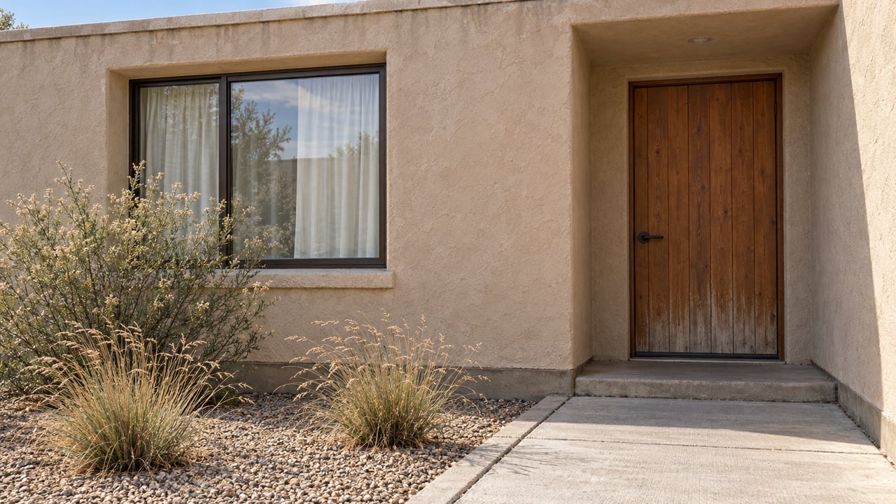 Pale clay stucco home with a deep-set window, recessed wood door and small dryland planting bed beside a concrete walk.