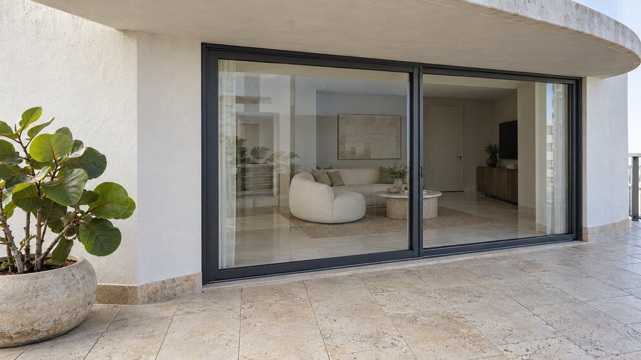 Curved covered terrace with pale limestone paving, closed charcoal-framed glass doors and a single sea-grape specimen in a ceramic planter.