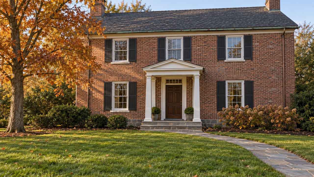 Red brick two-story home with white porch columns, dark shutters and a flagstone walk across an autumn lawn beneath an amber sugar maple.