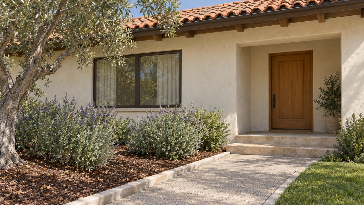 Sunlit ivory stucco bungalow with a terracotta roof, oak entry door, stone steps, and an established olive tree beside a planted front approach.