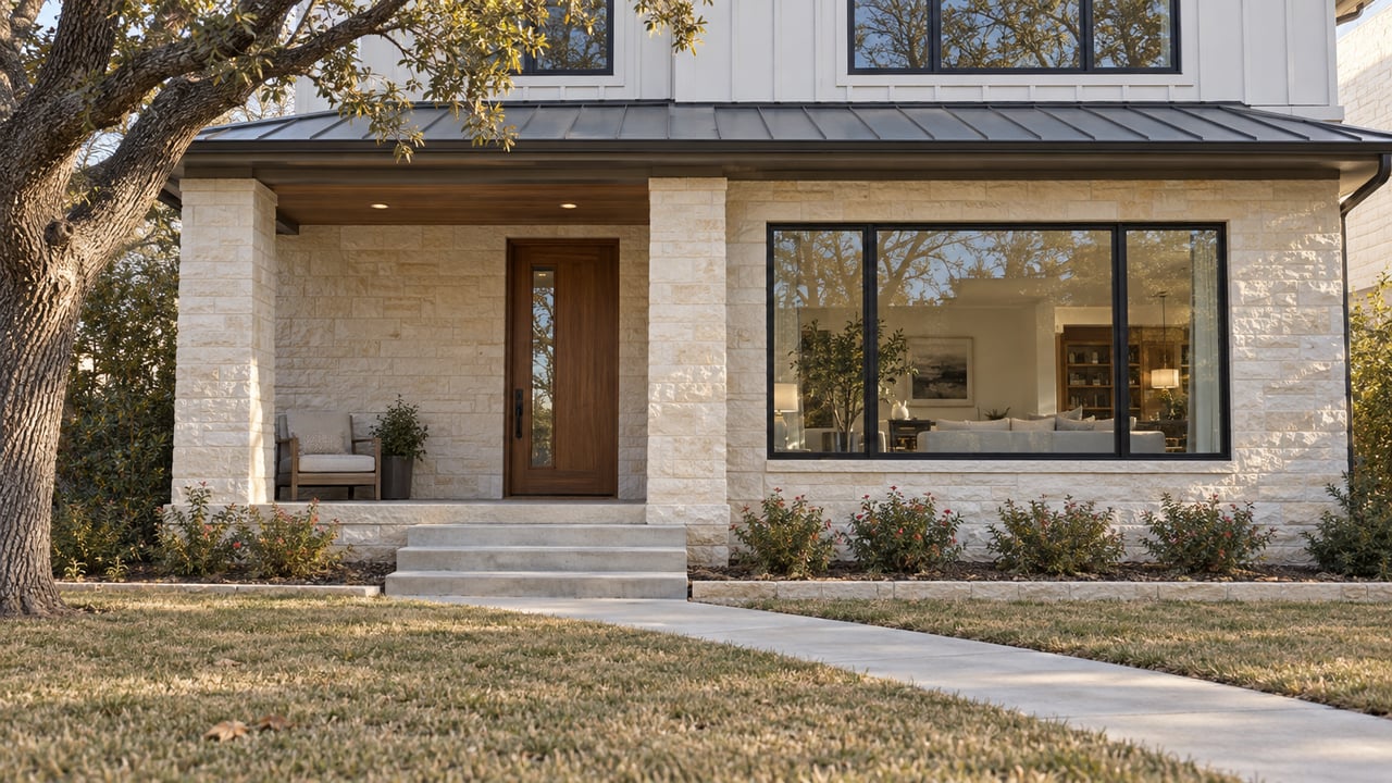 Limestone and white board-and-batten home with a walnut entry door, covered porch, oak tree and deep front lawn in afternoon light.
