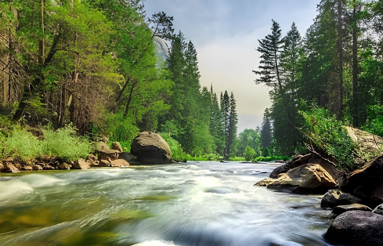 Fast-flowing river through a green forest, bordered by large rocks and tall evergreen trees.