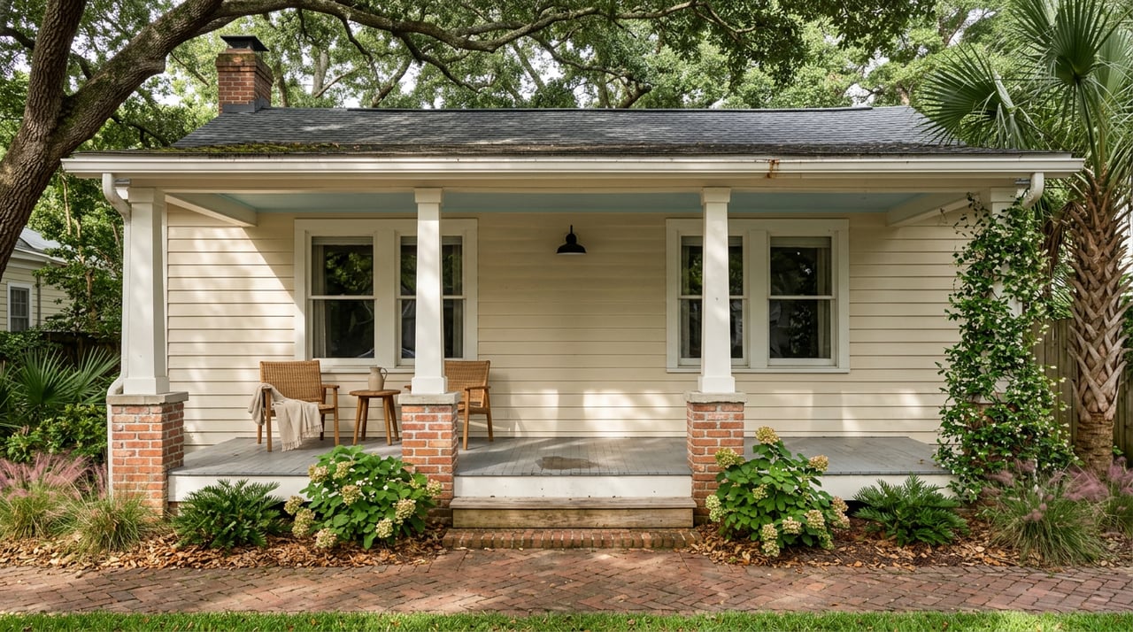 Historic bungalow porch beneath a live oak canopy, with a brick sidewalk and rattan chairs.