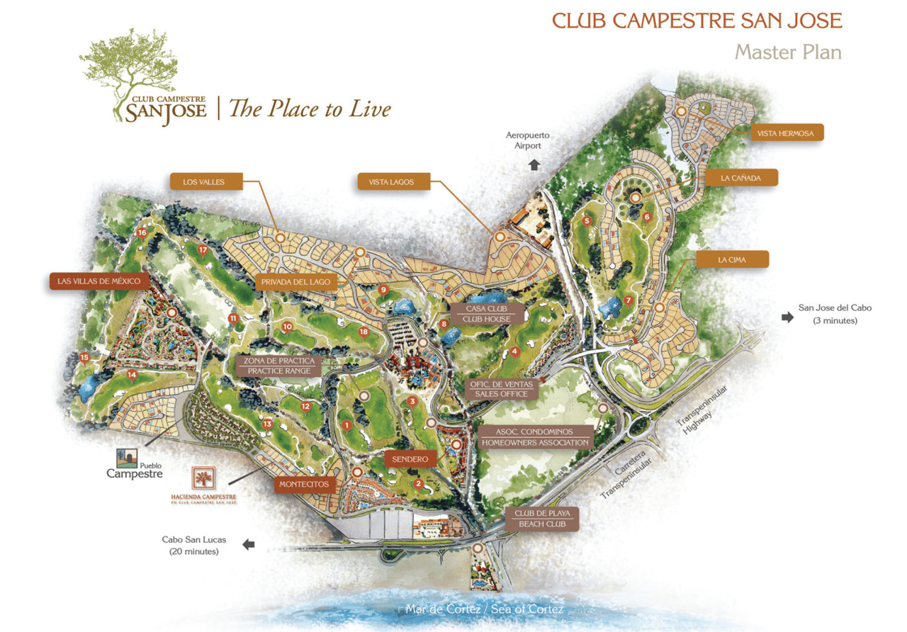 Club Campestre San José master plan with golf course, neighborhood labels, roads, and nearby destinations.