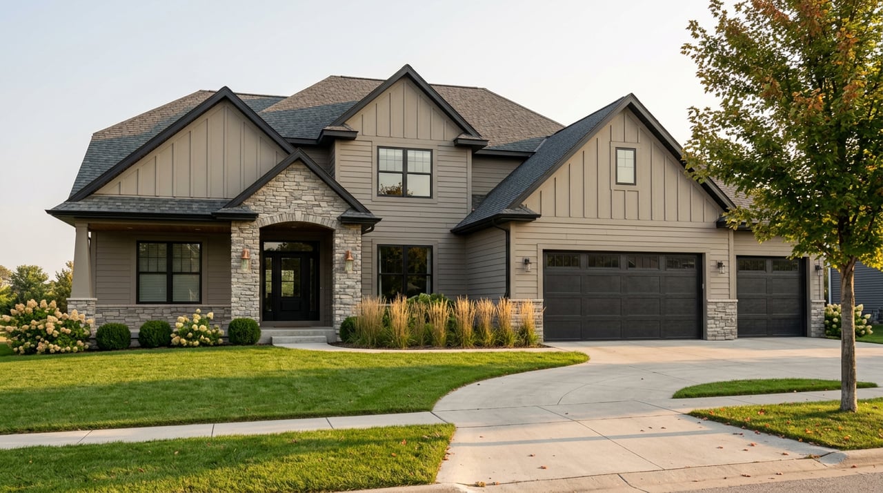 Two-story farmhouse with a three-car garage, curved driveway, deep lawn, and a maple beginning to turn.