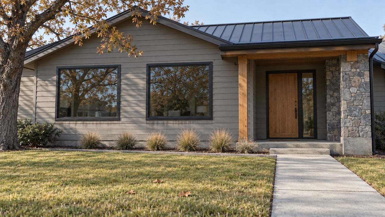 Compact gabled home with gray siding, timber entry posts and stone facing beyond a dry autumn lawn and concrete walk.