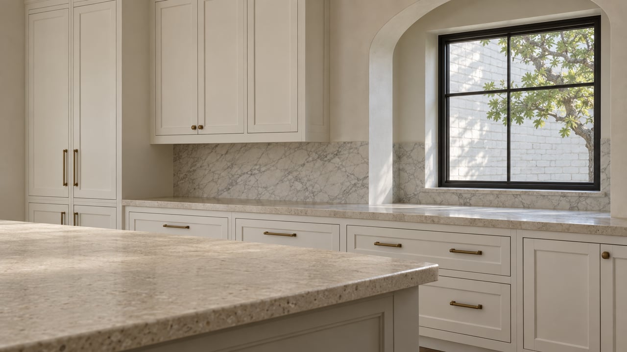 White kitchen cabinetry and veined stone counters beneath an arched, black-framed window.