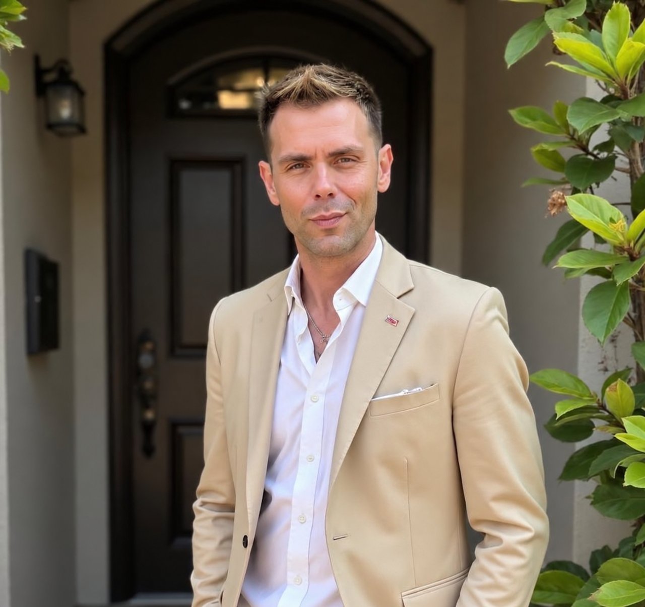 Chad Farran in a beige suit jacket standing outside a dark front doorway.