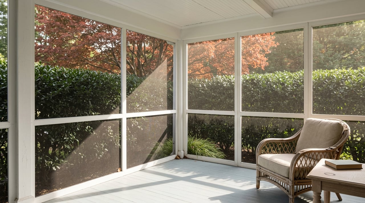 Screened porch corner with a rattan chair, cross-hatched sunlight on the floor, and a hedge beyond the mesh.