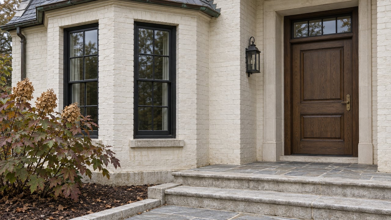 Ivory painted-brick home with tall divided-light windows, a recessed oak entry and worn limestone steps beside an oakleaf hydrangea.