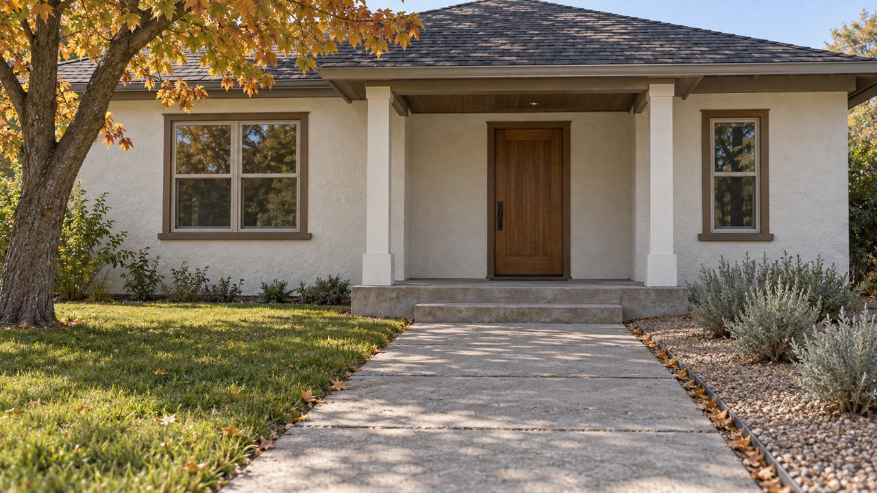 Sunlit single-story stucco bungalow with a shaded timber entry, concrete approach, autumn maple, and drought-tolerant planting.