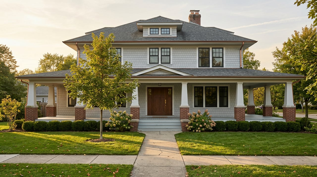 Two-story gray Foursquare house with a red brick base, broad porch, and turning maple shading the lawn.