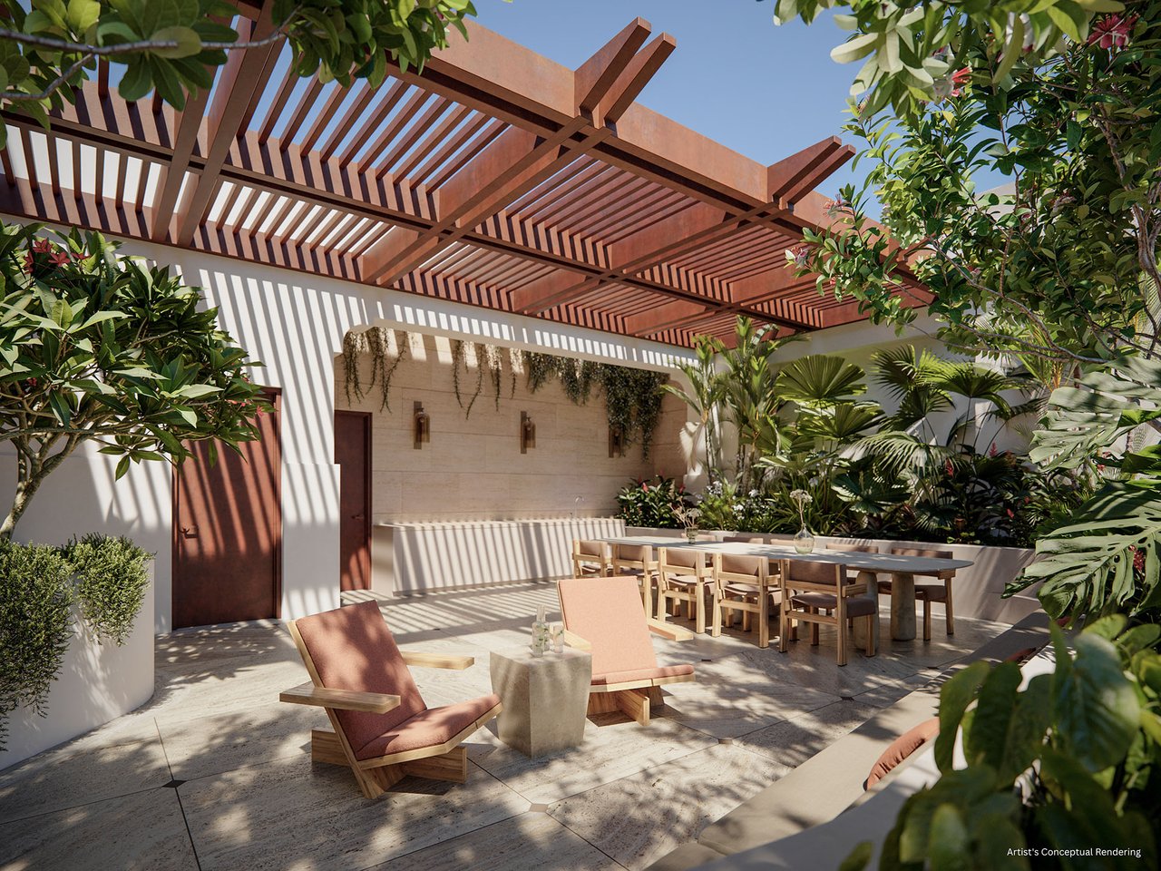 Alhambra Parc terrace with a timber pergola, tropical plants, dining table, and lounge chairs.