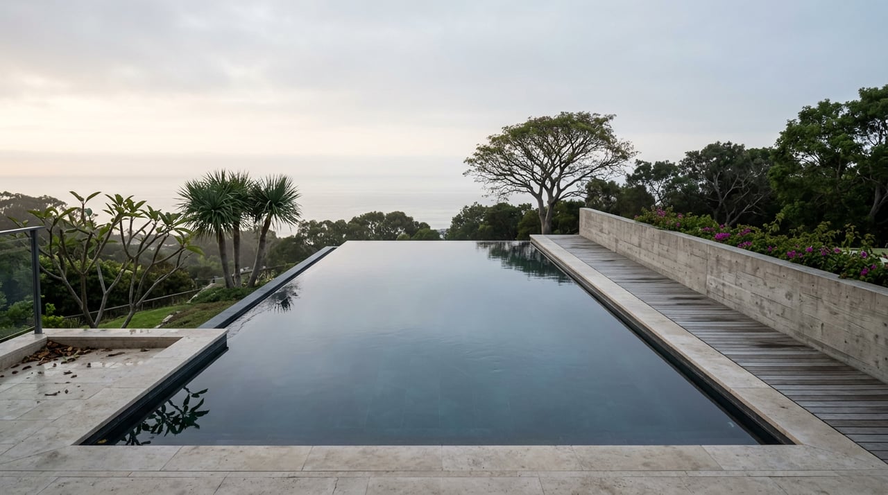 Still infinity pool overlooks a tree-lined slope and hazy ocean beneath an overcast morning sky.