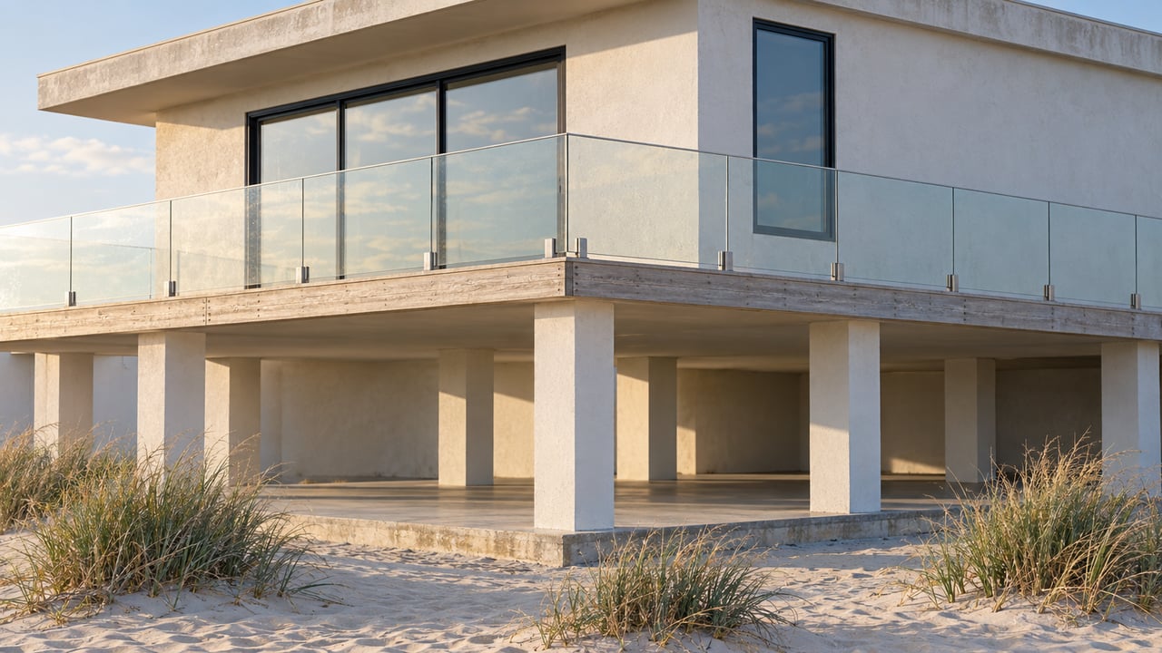 Elevated pale-stucco home with black-framed glazing, a light wood deck and glass balustrade above sandy ground and blue-green coastal grass.