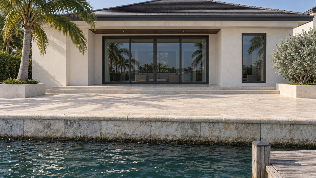 Coastal contemporary home with bronze-framed glass doors, limestone terrace, seawall, and dock beside teal water.