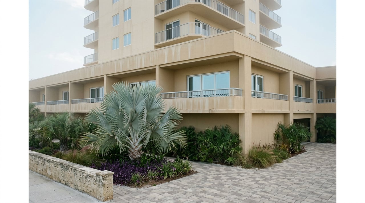 Sand-colored condominium tower with recessed balconies rises above paver entry court and silver-blue palm.