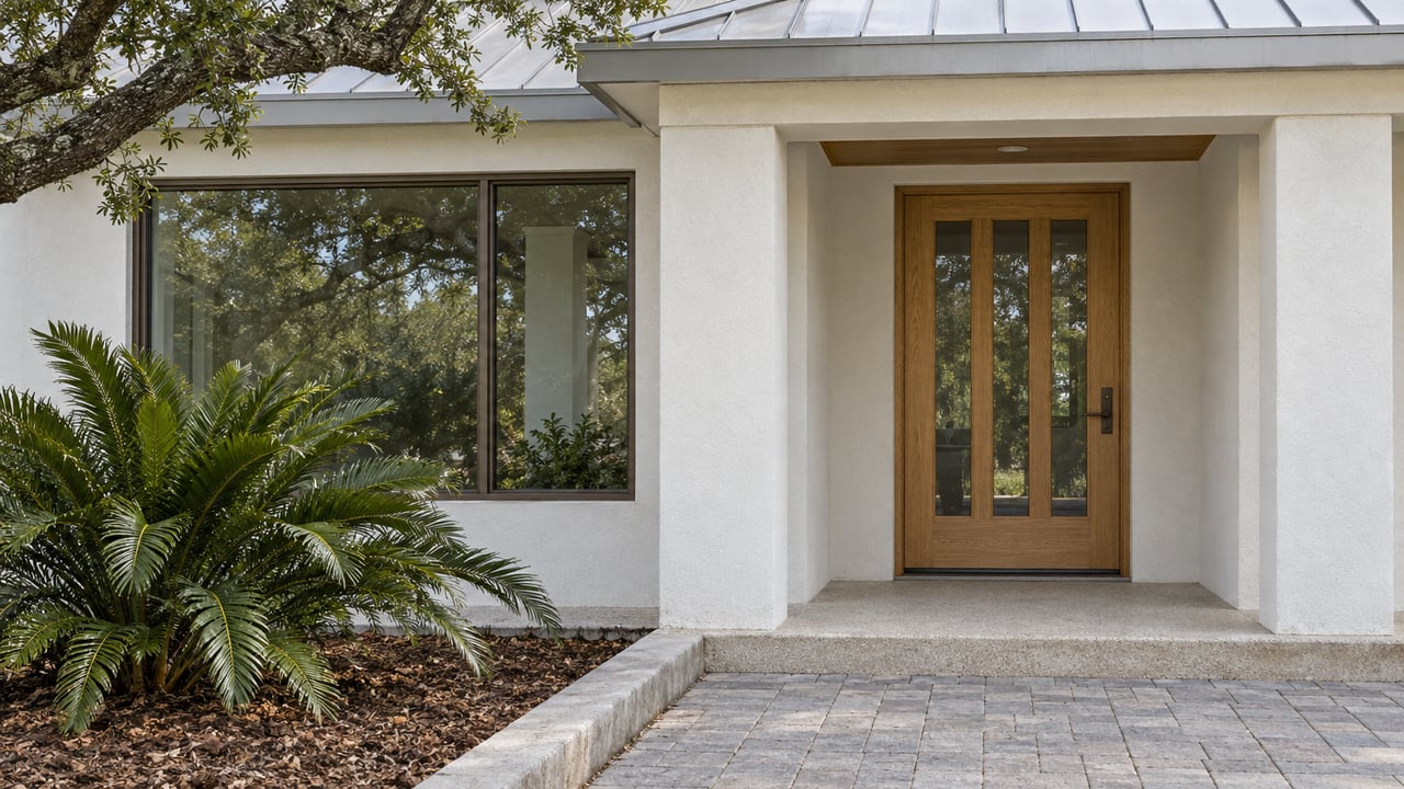 White stucco entry with an oak door, bronze-framed window, shell-flecked porch floor and sculptural coontie beside a gray paver walk.