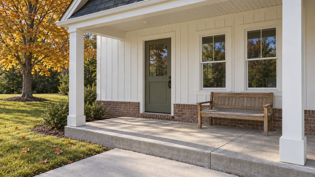 Sunlit covered porch with white siding, an olive entry door, a wooden bench and an autumn maple beside the lawn.