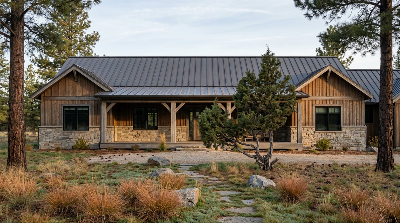 Mountain home with a stone-and-cedar facade and timber porch, beyond a meadow path edged with bunchgrass and boulders.