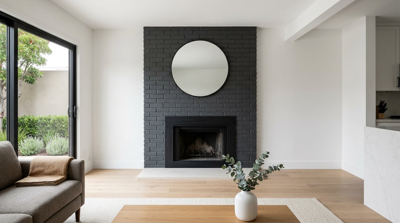 Townhome living room with a charcoal brick fireplace, kitchen edge, and patio view framed by stucco and plants.