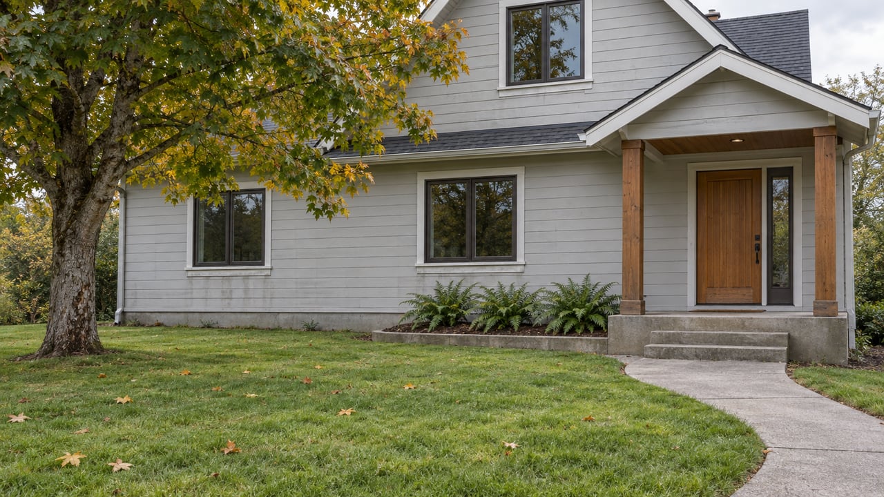 A pale gray gabled home seen across a deep autumn lawn, with a mature maple, cedar entrance door and concrete garden approach.
