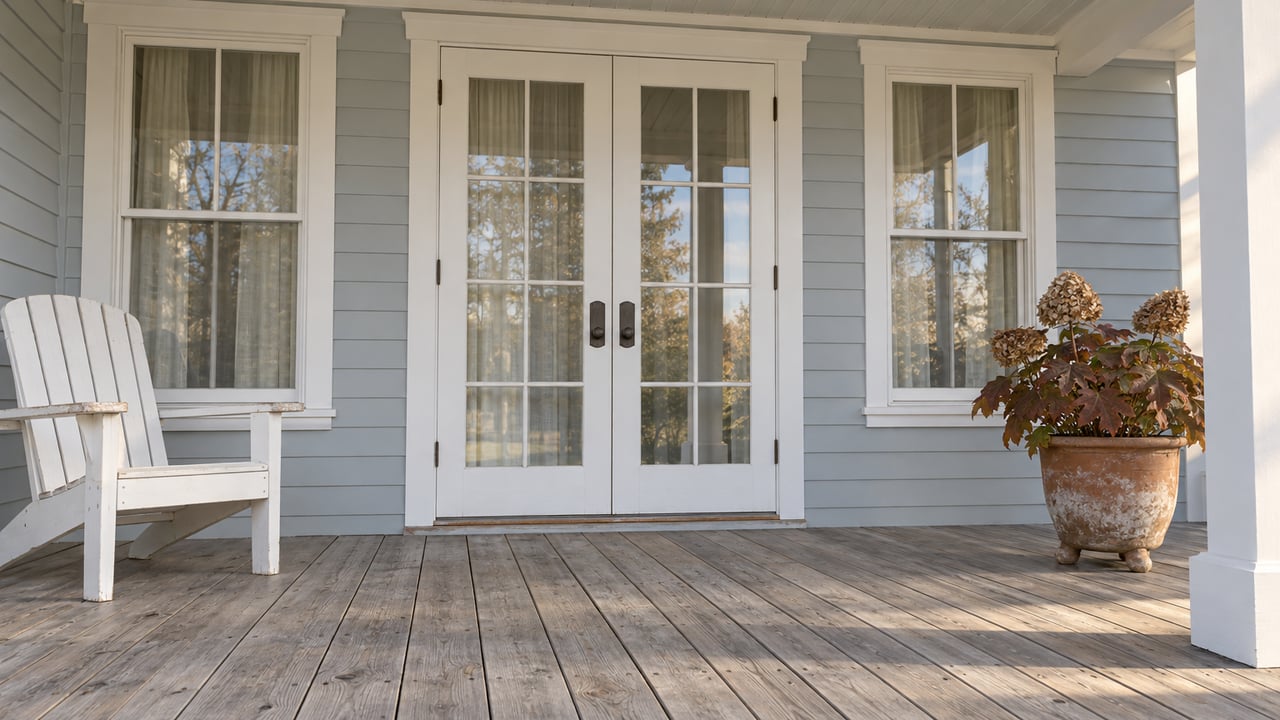 Gray-blue clapboard porch with white French doors, weathered cedar boards, a timber chair and a potted oakleaf hydrangea in autumn color.