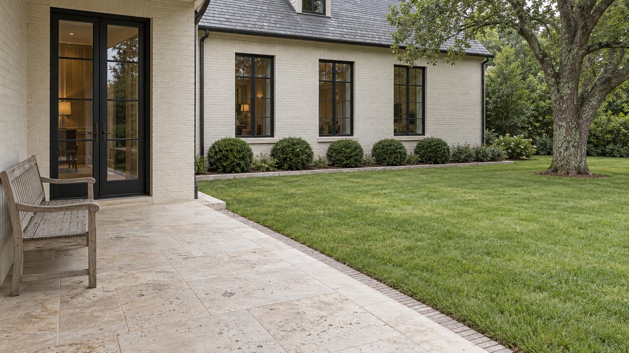 Cream limestone terrace beside an ivory brick home, with black steel glazing, a weathered teak bench and a broad lawn beneath a mature post oak.
