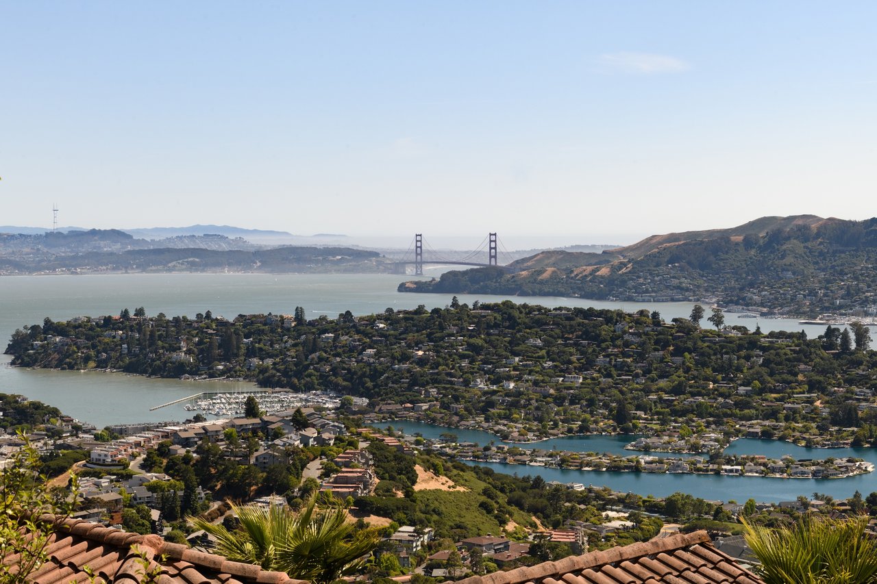 Tiburon, California waterfront homes with the San Francisco skyline across the bay