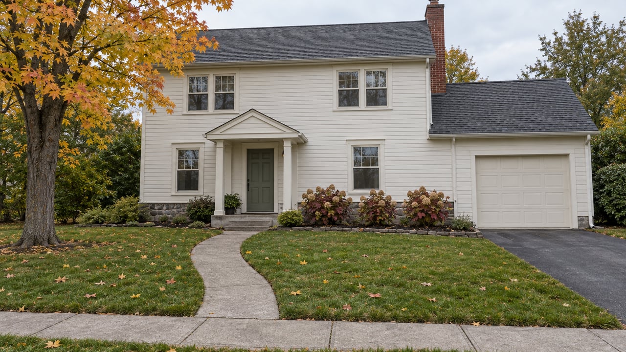Two-story clapboard home with an attached garage, deep lawn, orange-yellow maple and a curved concrete walk under soft autumn daylight.