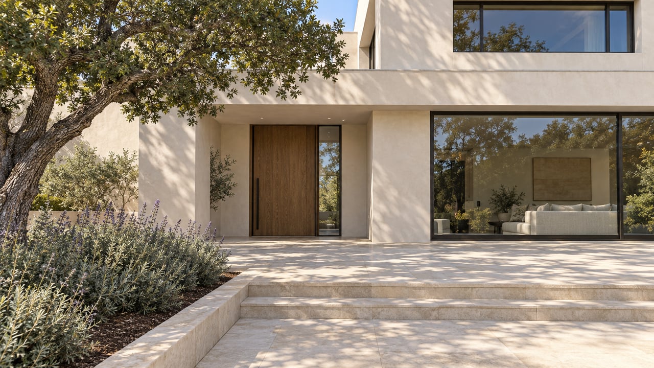 A modern ivory-stucco residence with a recessed oak entrance, bronze-framed windows, pale limestone steps, and a mature live oak.