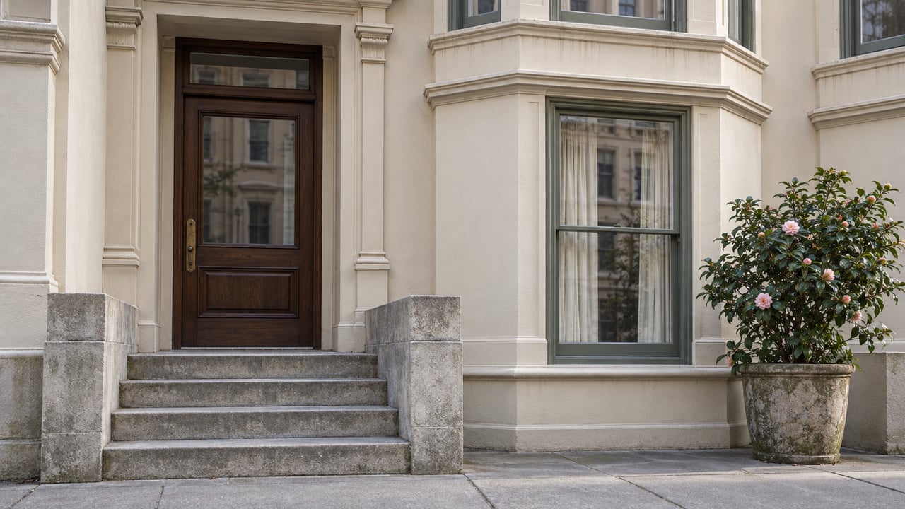 Ivory stucco residence with a walnut shared entrance, limestone steps, tall sash windows, and a potted camellia.