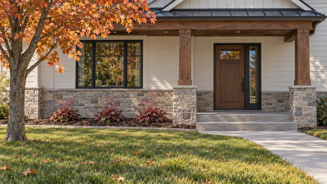 Autumn maple beside a timber-post porch, pale siding and stone base, with a deep green lawn and concrete entry walk.