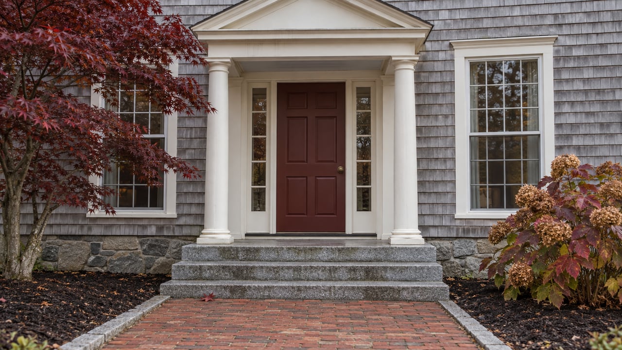 Classic shingled home with an oxblood front door, ivory portico, granite steps and autumn planting.