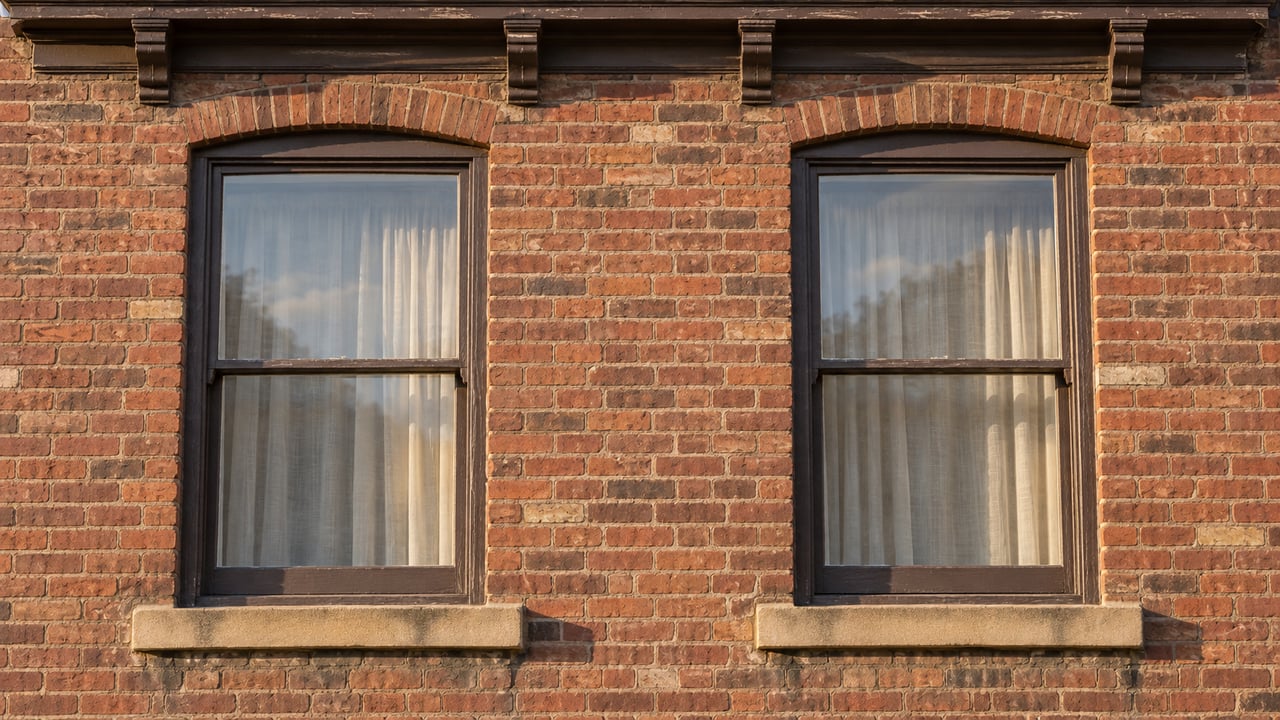 Warm afternoon light grazes an older brick dwelling facade with two wood sash windows, sandstone sills, and a weathered timber cornice.