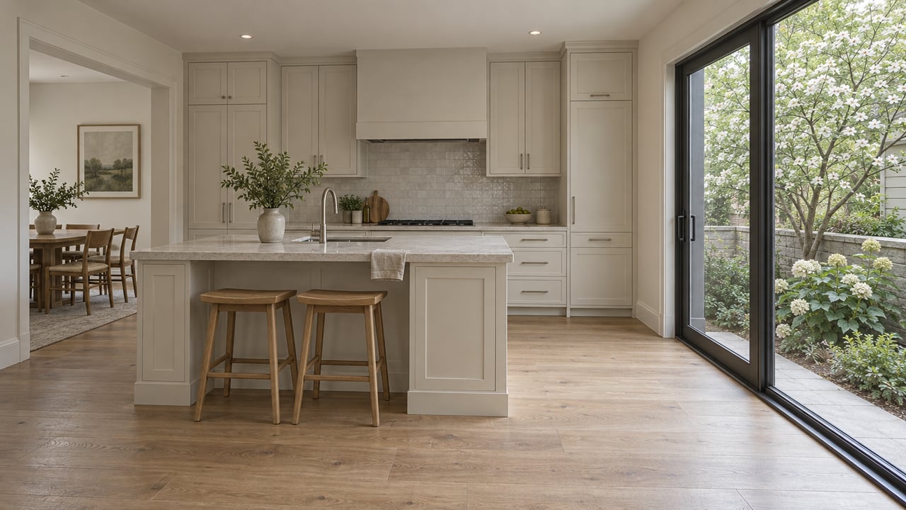 Modest kitchen with an off-white island, oak stools, and a dark-framed glass door opening onto a planted side yard.