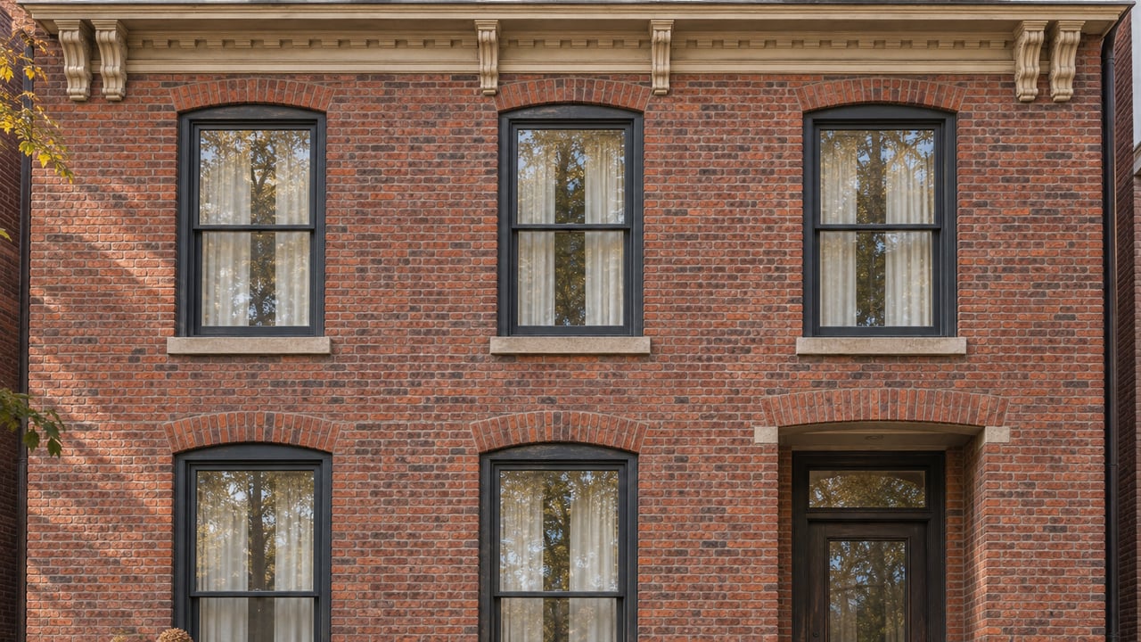 Restored red-brick home with tall windows, carved ivory cornice, worn limestone entry steps and oakleaf hydrangea.