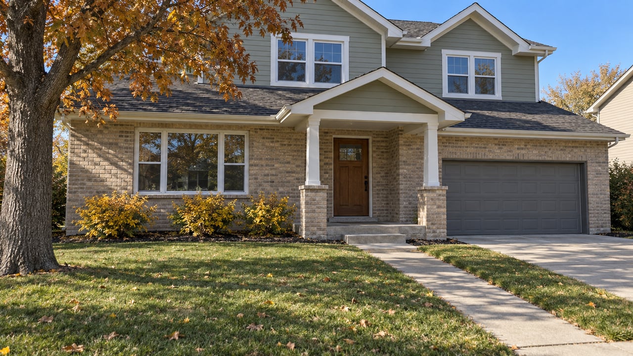 October sunlight falls across a deep front lawn and a two-story brick-and-sage home with white porch posts and a russet-leaved oak.