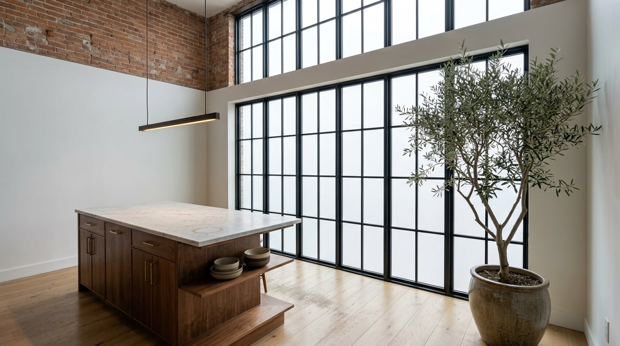 Kitchen island with walnut cabinetry and marble-look top beside a tall multi-pane window and exposed brick wall.