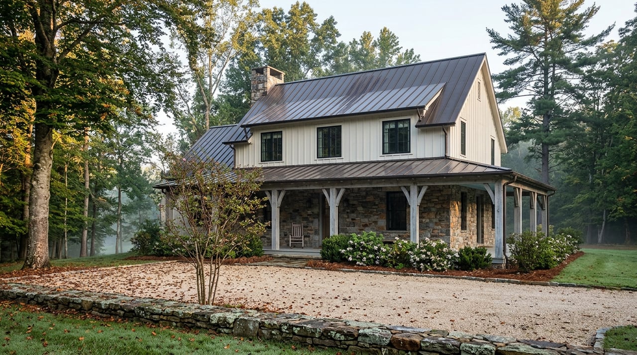 Two-story stone-and-cedar mountain home with timber porch, rocking chair, gravel drive, and wooded canopy.